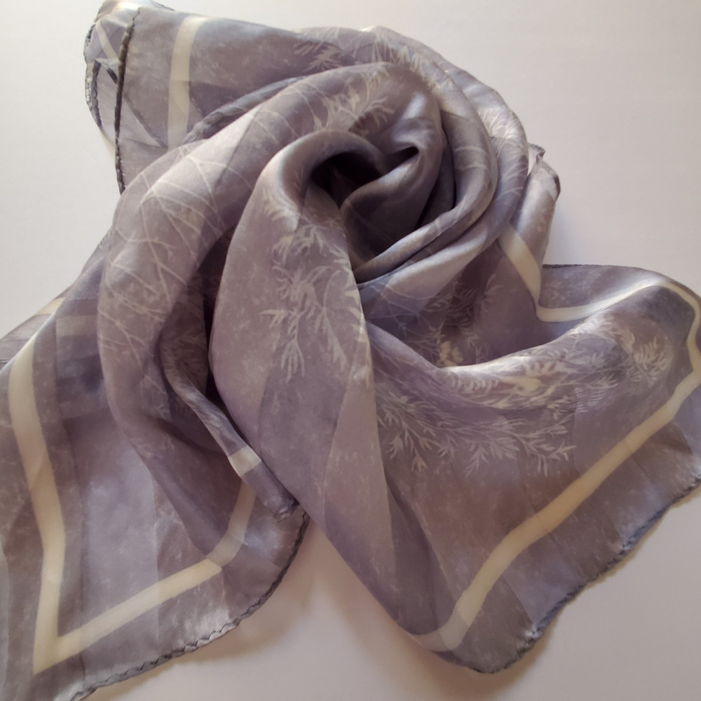 Ellen Tracy Silk Scarf Silver Gray Striped Floral Square Vintage Neck Wrap 21x21